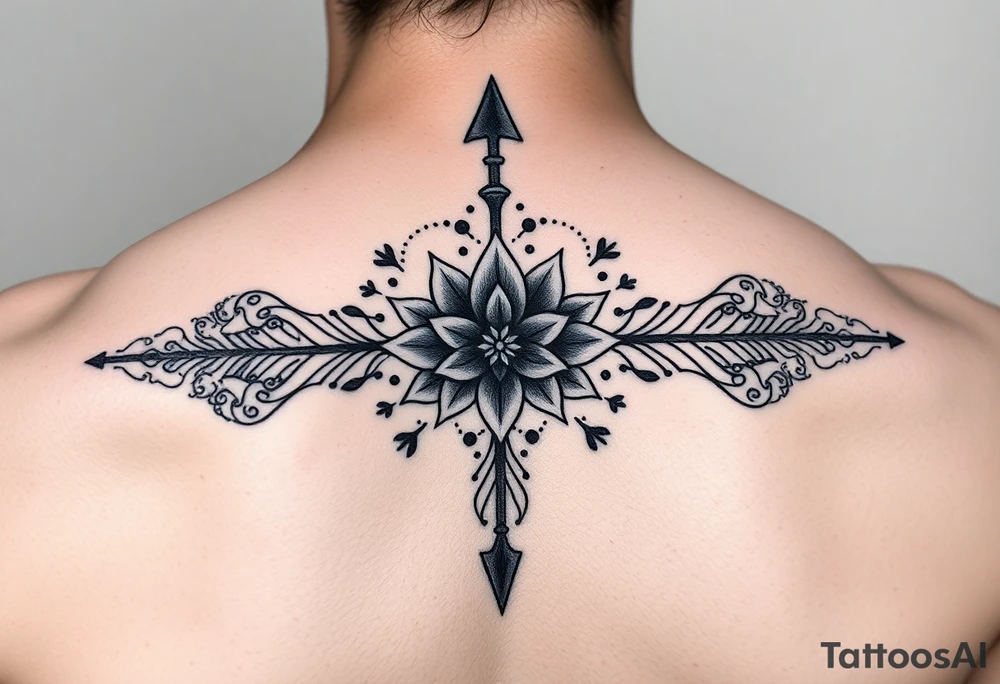 spine tattoo design with symmetrical ornamental patterns, combining dotwork, mandala elements, and flowing lines that follow the natural curves of the body. The design is intricate and balanced. to cover up a dark arrow with lotus flower in middle tattoo idea
