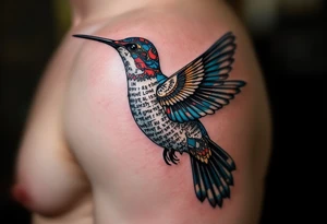 A hummingbird with ancient Egyptian script woven into its feathers(only red , blue and black are possible colors) tattoo idea