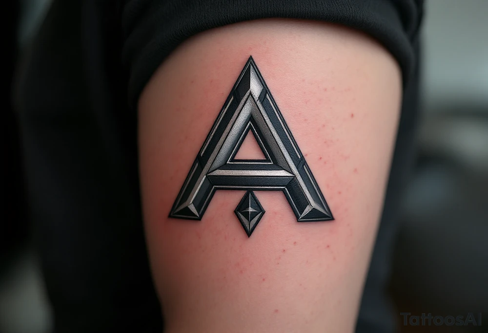 A sharp angular "A" in metallic silver with black geometric accents. tattoo idea