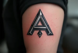 A sharp angular "A" in metallic silver with black geometric accents. tattoo idea