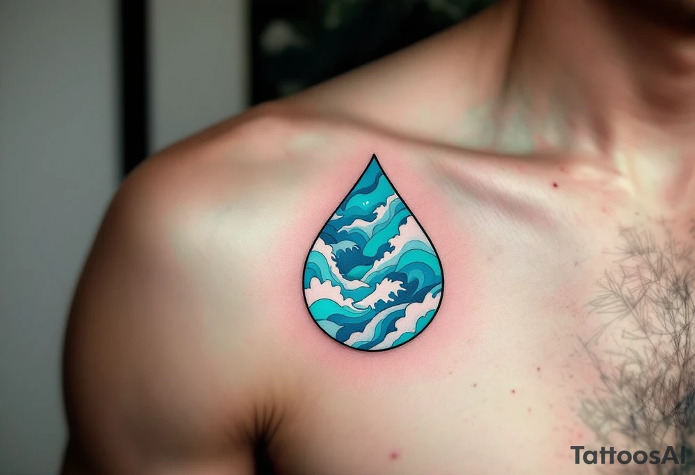 A teardrop shape filled with abstract, flowing waves in shades of turquoise, ocean blue, and soft white highlights. The design represents emotional depth and fluidity, with the colors symbolizing calm, peace, and emotional release. tattoo idea