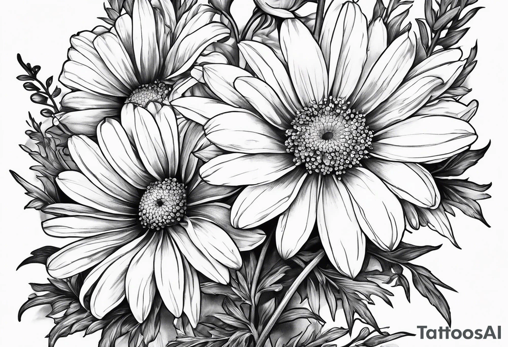 daisies, larkspur, olive stem tattoo idea