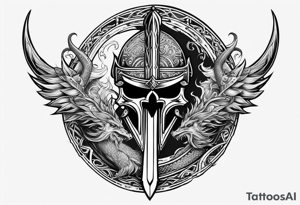 Valhalla sword shield dragon axe viking 
ship tattoo idea