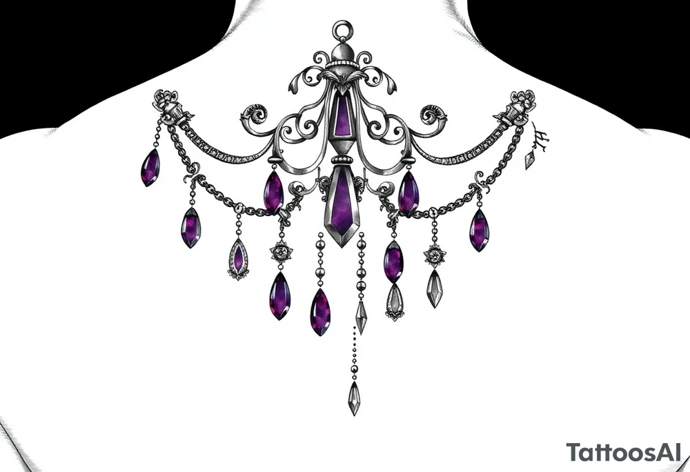 The chandelier sits slightly off-center on the shoulder cap. Multiple jewel chains (teardrop, oval, crystal shapes) drape toward the upper arm and collarbone. Each gem is shaded in deep purples. Small ornamental metalwork wraps around the shoulder like armor. Wax drips subtly down the arm. tattoo idea