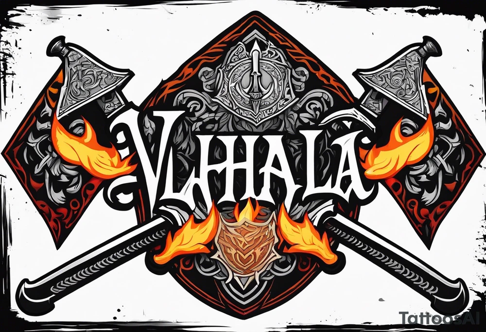 valhalla on fire battle 
sword shield axe tattoo idea