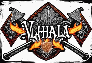 valhalla on fire battle 
sword shield axe tattoo idea