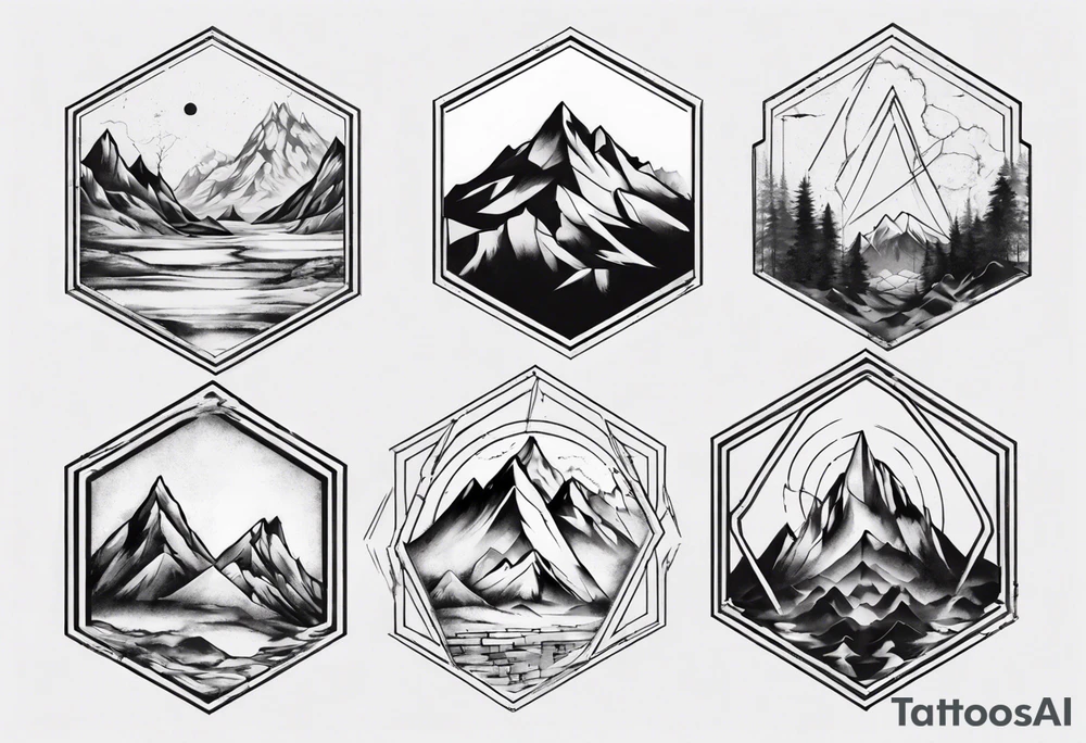 A hexagon with mountains extending beyond the boundary of the figure tattoo idea