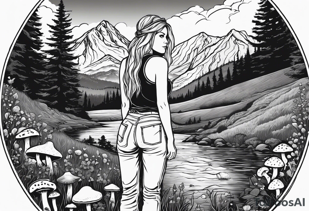 Whole picture encircled fully

Straight long blonde hair hippie girl in distance holding mushrooms in hand facing away toward mountains and creek surrounded by mushrooms tee shirt and hiking pants; whole rendering within a full circle, no cut off circle tattoo idea