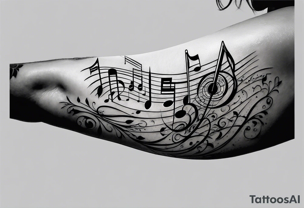upper arm sleeve with musical notes and lyrics from the song Everlong tattoo idea