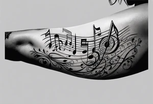 upper arm sleeve with musical notes and lyrics from the song Everlong tattoo idea