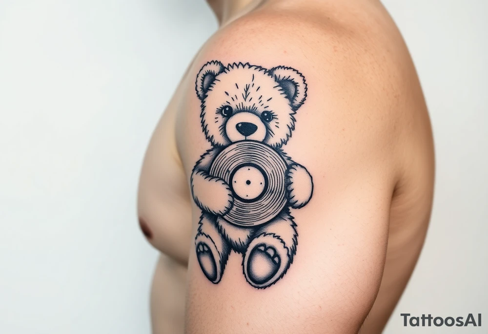 teddy bear holding a vinyl record tattoo idea