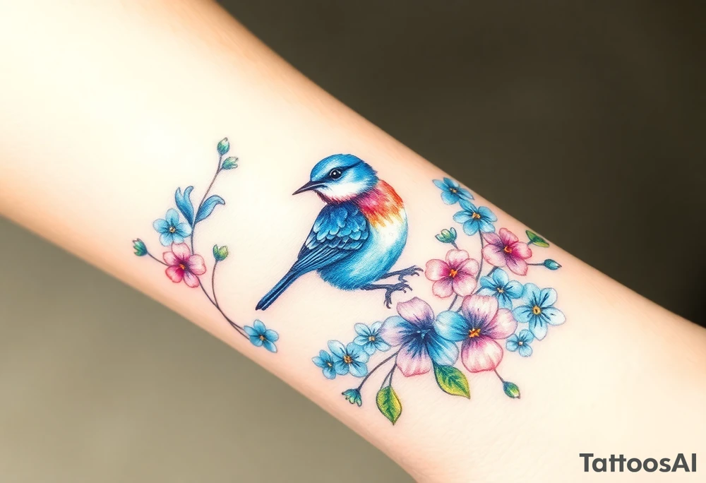 Bluebird with colorful forget me not flowers around it tattoo idea