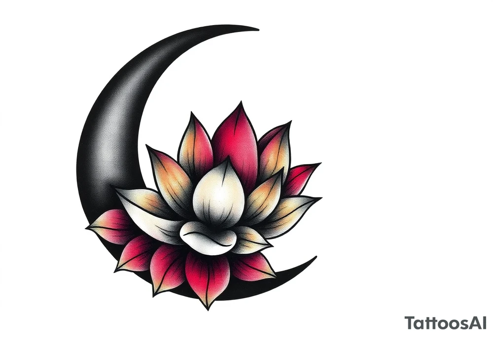 small colorful crescent moon with lotus flower tattoo idea