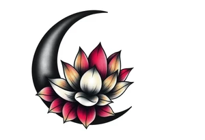 small colorful crescent moon with lotus flower tattoo idea