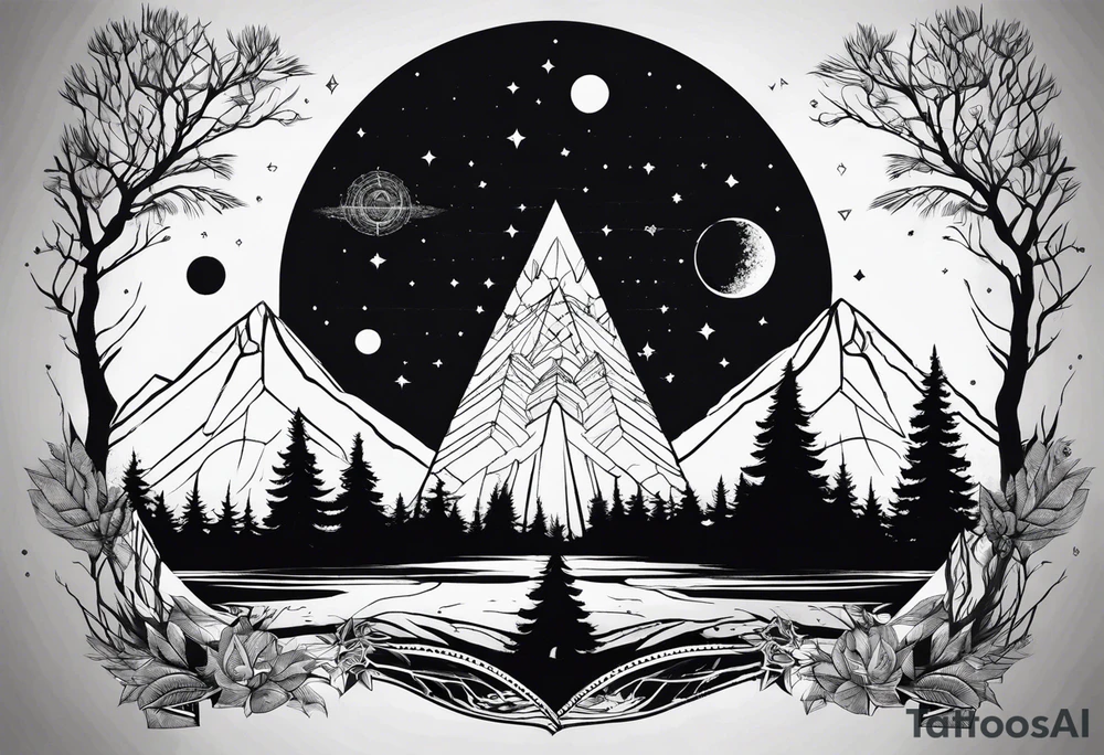nature vs space with yggdrassil in triangle tattoo idea