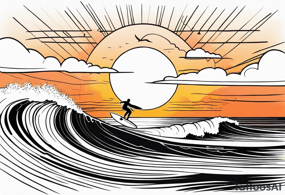 Black and white Line work tattoo depicting a father surfing in the sunset, and sharing his surfboard with his two daughters.  The sunset and horizon have musical notes. tattoo idea