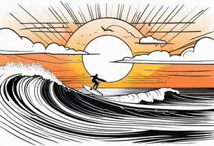 Black and white Line work tattoo depicting a father surfing in the sunset, and sharing his surfboard with his two daughters.  The sunset and horizon have musical notes. tattoo idea