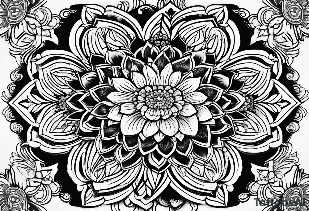 Mirrored style. Mexican flower mandala design minimalist fine line tattoo idea