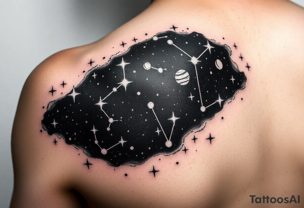 Give me a nighttime constellation tattoo with 10 different variances of stars of 40 stars, and additional cosmo items e.g. planets, etc.

It should fit on the left shoulder blade about 10 inches across and 6 high tattoo idea