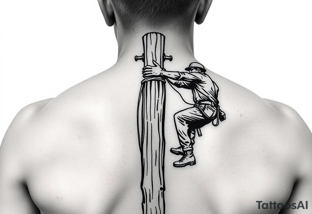 power lineman climbing a wooden 12kv pole. Make the pole a cross that has a hidden resemblance to god tattoo idea
