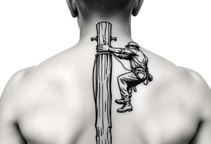 power lineman climbing a wooden 12kv pole. Make the pole a cross that has a hidden resemblance to god tattoo idea