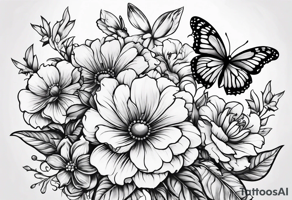 Flowers with "Ruby" and butterflies around it tattoo idea