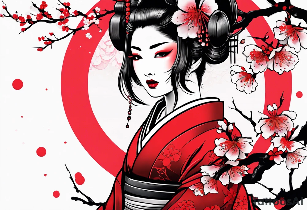 trash polka cyber geisha red sun cherry blossoms tattoo idea