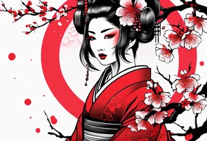 trash polka cyber geisha red sun cherry blossoms tattoo idea