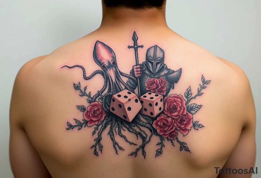 squid and knight combined with tree roots, cherry blossoms and roses rolling dice tattoo idea
