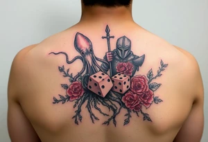 squid and knight combined with tree roots, cherry blossoms and roses rolling dice tattoo idea