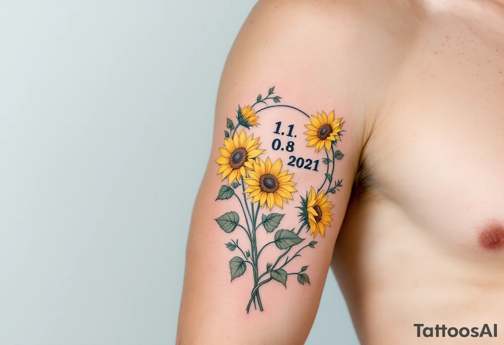 Barbora 11. 08. 2021) – Soft yellow sunflowers blooming around Barbora’s birthdate, with green vines and a light blue sky background. tattoo idea