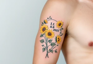 Barbora 11. 08. 2021) – Soft yellow sunflowers blooming around Barbora’s birthdate, with green vines and a light blue sky background. tattoo idea