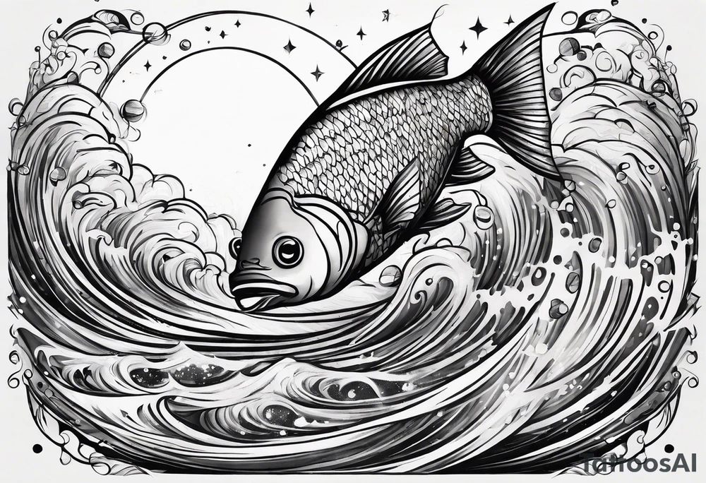 A fish jumping out of rapid waters and into  constellations and the universe tattoo idea