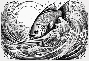 A fish jumping out of rapid waters and into  constellations and the universe tattoo idea