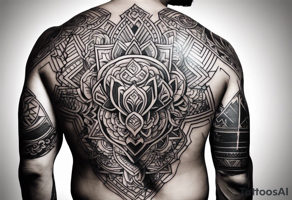 A simple tattoo that is placed on the upper back of a male. It should represent muay thai, discipline, pain and temple tattoo idea