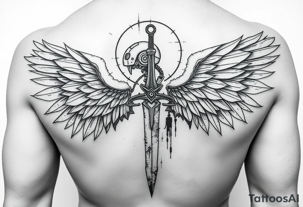 A Cybernetic Angel with a Rusted Blade
A half-robotic angel with wings of broken solar panels instead of feathers.
A rusted corporate sword, dripping data like blood.
Halo glitching between a circle and static distortion. tattoo idea