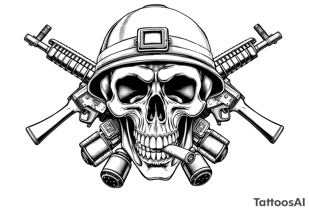 Skull wearing a soldier's helmet, crossed assault rifles behind it, cigar in mouth,grenades, tattoo idea