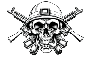 Skull wearing a soldier's helmet, crossed assault rifles behind it, cigar in mouth,grenades, tattoo idea