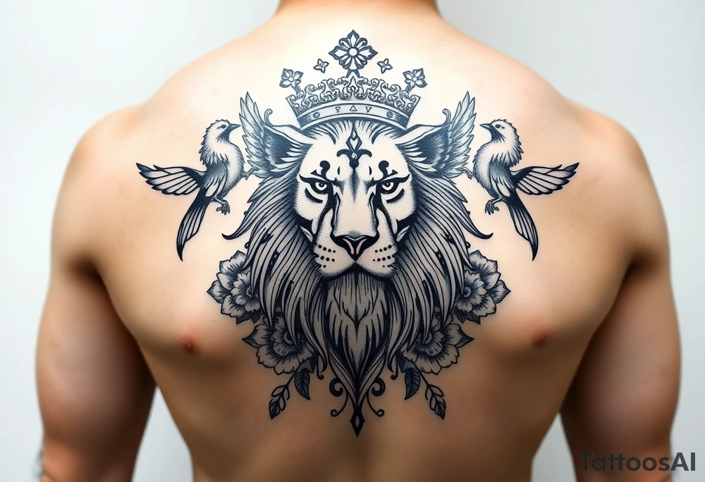 powerful majestic lion with a crown, surrounded by floral ornaments and birds tattoo idea