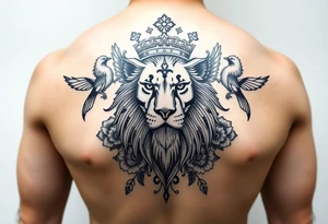 powerful majestic lion with a crown, surrounded by floral ornaments and birds tattoo idea