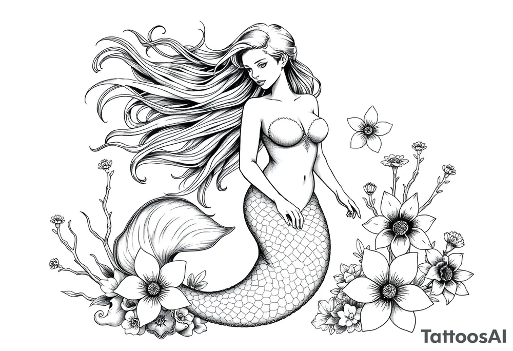 ethereal mermaid with flowing hair among coral and sea flowers tattoo idea