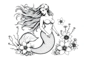 ethereal mermaid with flowing hair among coral and sea flowers tattoo idea