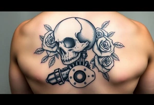 Skull and motorcycle engine with wilting roses tattoo idea