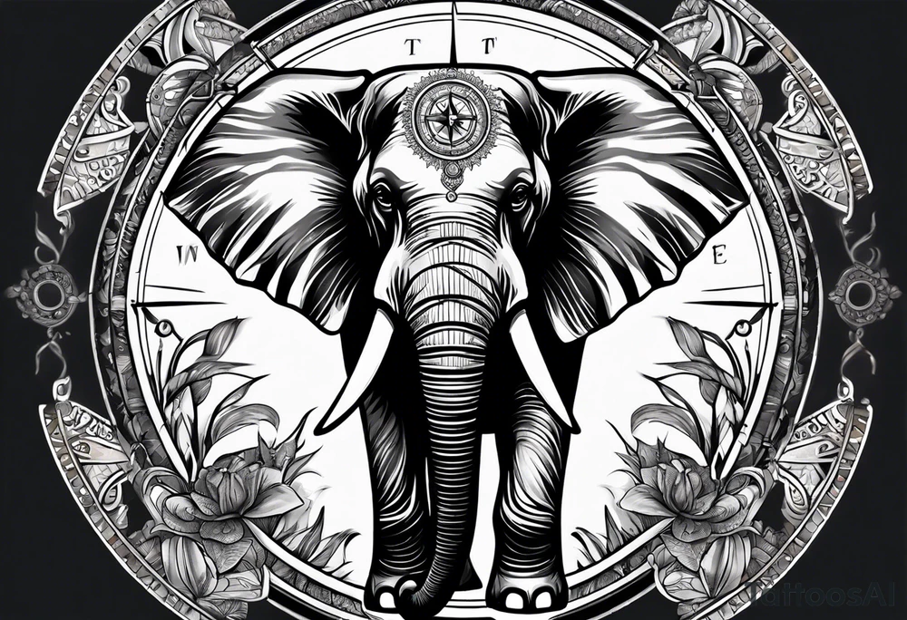 Feminine compass, elephant holding it tattoo idea