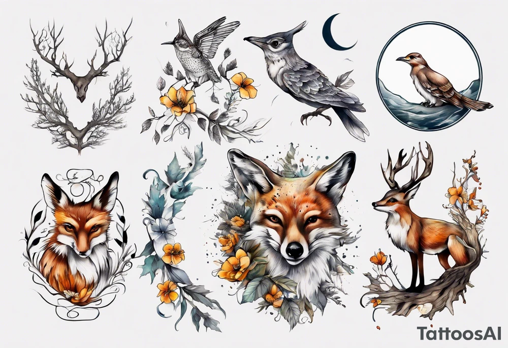 wasser, sonne, mond, fuchs, eule kolibri, wald, hirsch, blume des lebens, 
baum, berlin tattoo idea