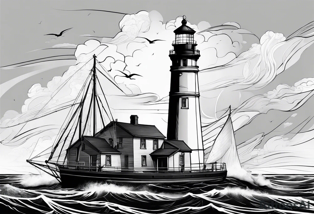 maritime lighthouse with 2 large sails attached. tattoo idea