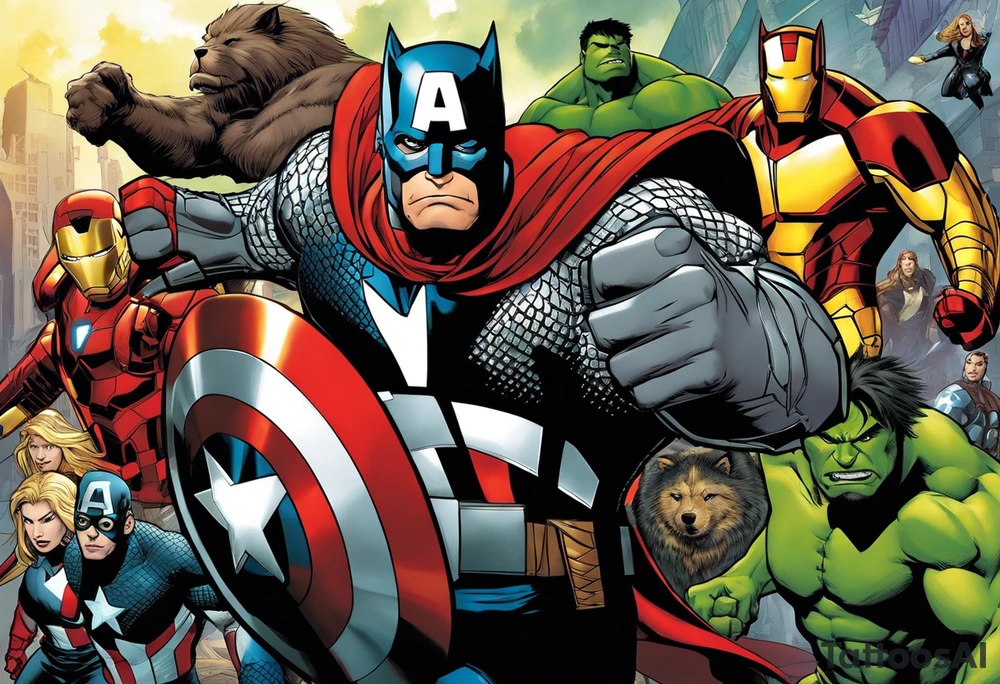 I want to change Avengers Team characters with animals. Hulk will be represented by a Badger.
Thor will be depicted as an Alpha Grey Wolf.
Captain America will be symbolized by a Bull.
Iron Man's character will be embodied by a Canary.
Black Widow's role will be portrayed by an Axolotl.
Hawkeye will be depicted as a Sudan Plated Lizard.
Nick Fury will be represented by a Cat. tattoo idea