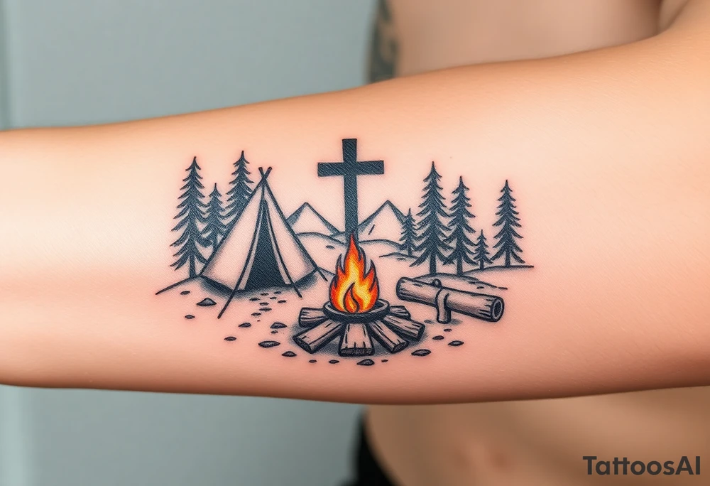 Campsite with a campfire with a cross tattoo idea