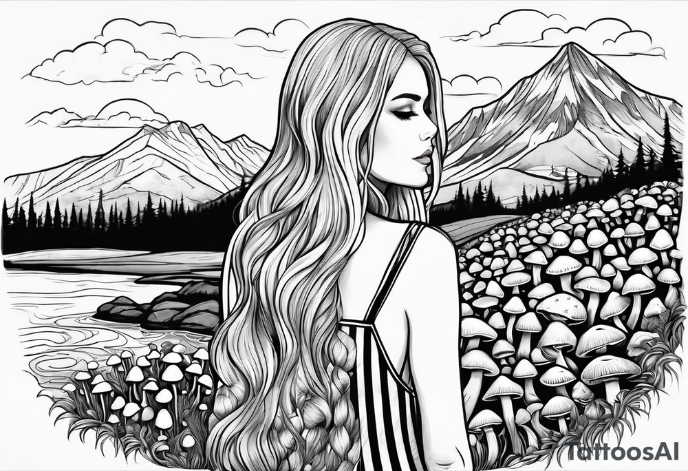 Straight long blonde hair hippie girl in distance holding mushrooms in hand facing away toward mountains and creek surrounded by mushrooms black and white striped dress tattoo idea