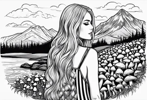 Straight long blonde hair hippie girl in distance holding mushrooms in hand facing away toward mountains and creek surrounded by mushrooms black and white striped dress tattoo idea